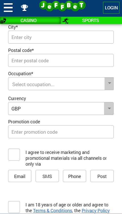 JeffBet Casino Registration Process Image 3